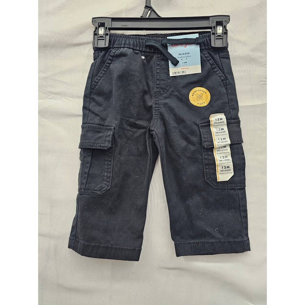 Cat & Jack Boys Relaxed Cargo Pants Black Cotton Blend Reinforced Knee Size 12M